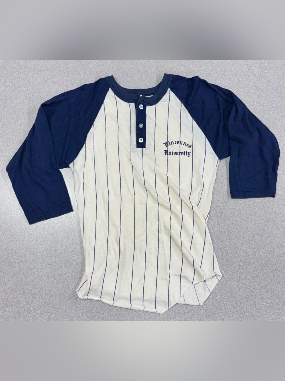Vintage Velva Sheen Vincennes University Navy & White Baseball Henley